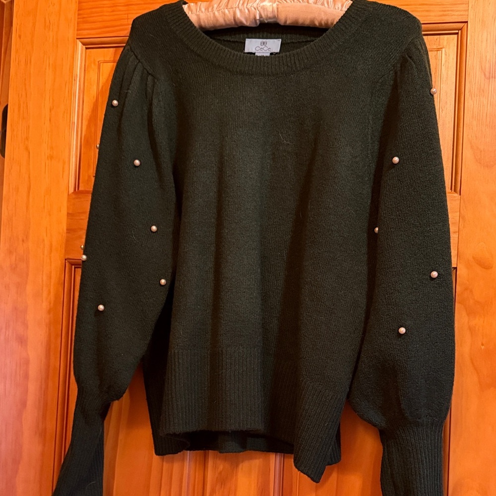 CeCe Forest Green Sweater with Pearl Details